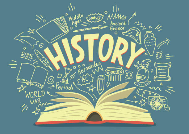 Open book with history doodles and lettering. Education vector illustration.